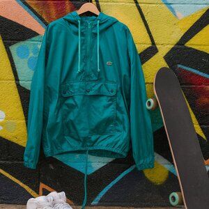 Vintage 80s Lacoste Teal Windbreaker Jacket Size L | Retro Nylon Pullover Hoodie